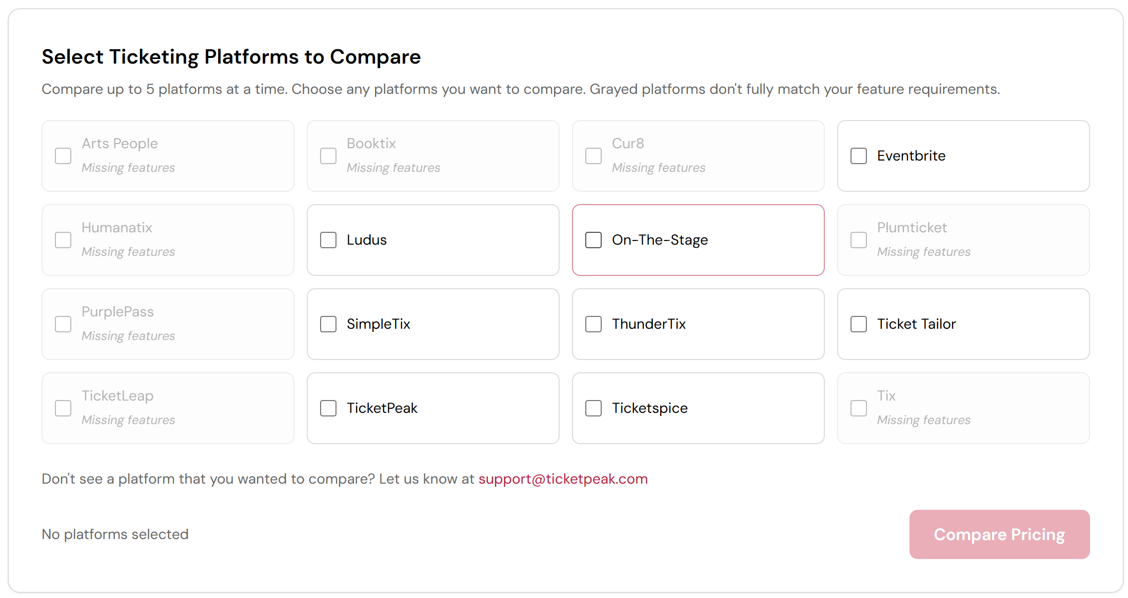 Platform selector showing which ticketing platforms match the chosen features